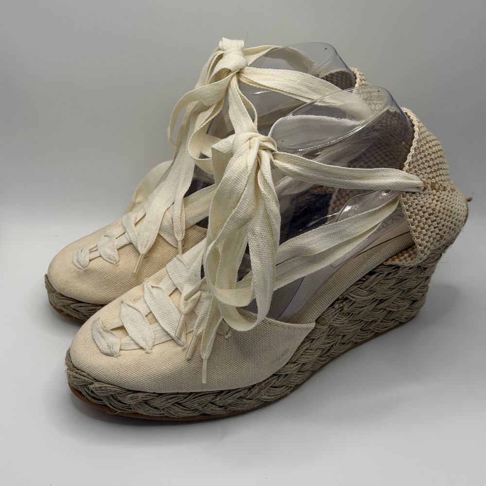 Castañer Canvas Lace Up Espadrille Wedge Sandals Cream Beige Ribbon Tie